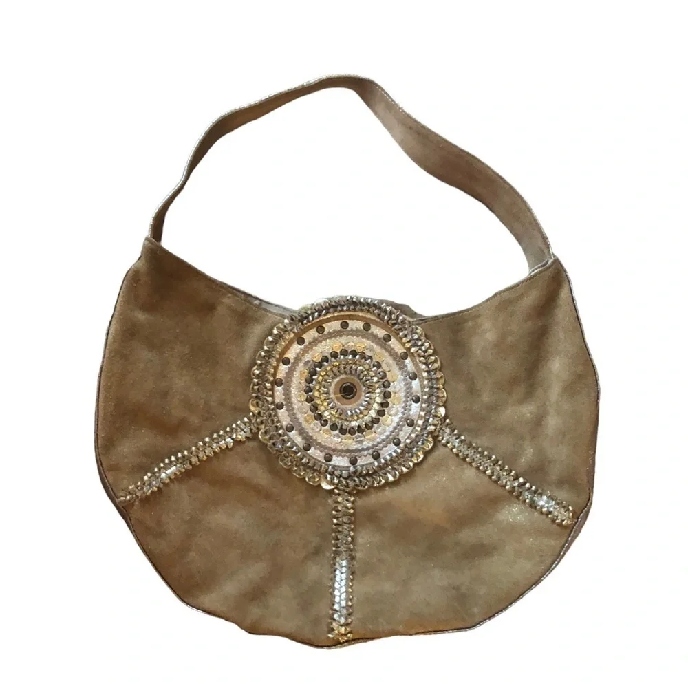 Chico’s Cirque Gold Leather Embellished Hobo Bag Sz. L Unique Braiding 18X12